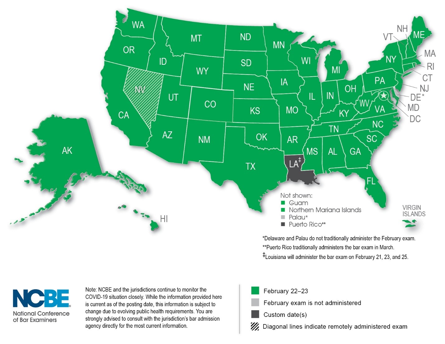map of state taking the bar exam in person in February 2022