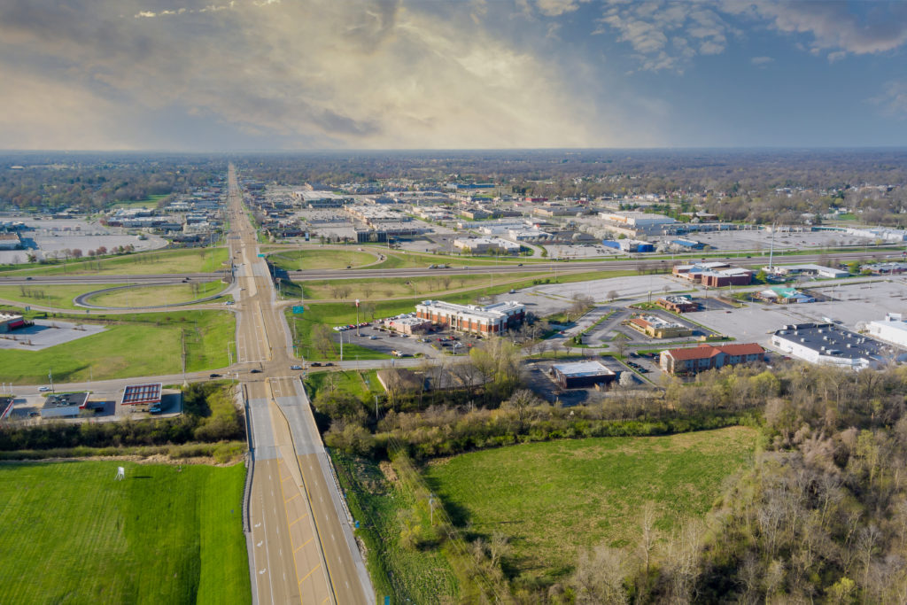 Overlooking view of a small town a Fairview Heights in the highways, interchanges of Illinois USA