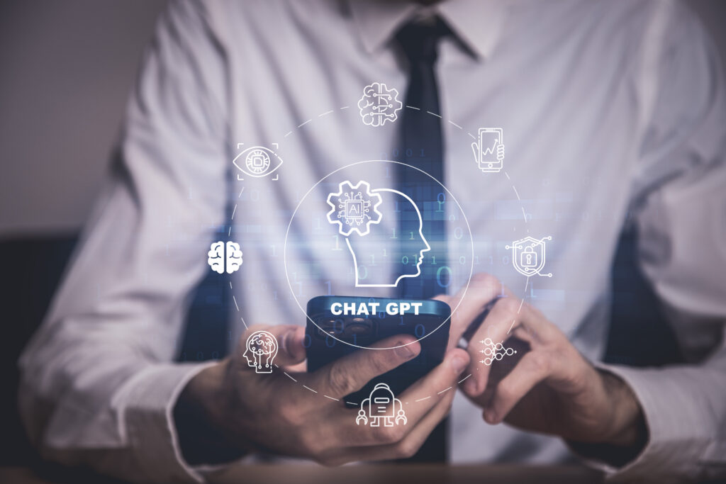 chatgpt for lawyers, Businessman using chat bot in smartphone intelligence Ai.Chat bot with AI Artificial Intelligence, developed by OpenAI generate. Futuristic technology, robot in online system