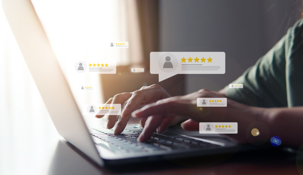 customer service for lawyers Customer review good rating concept, hand pressing user and five star icon on visual screen for positive customer feedback, testimonial and testimony, user comment and feedback for review.