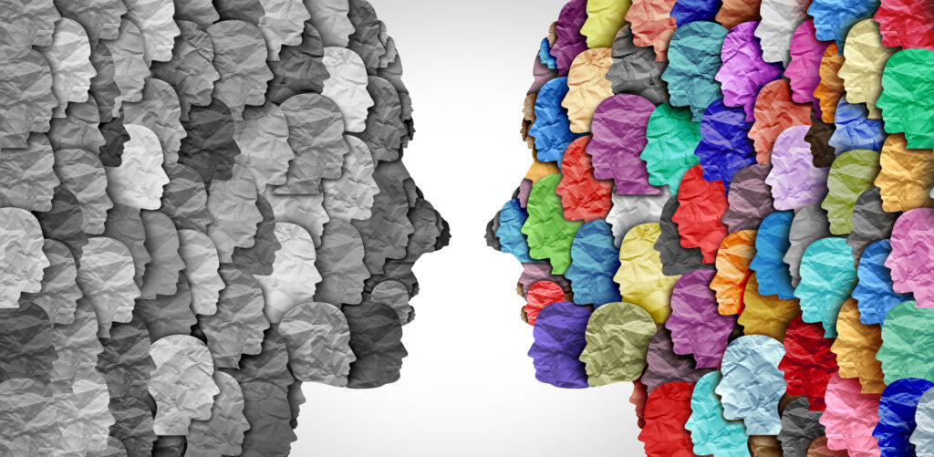 ABA Profile of the Legal Profession Assimilation or multiculturalism Demographic change and changing demography as social cohesion of people assimilated or assimilating or diversity in a population in a 3D illustration style.