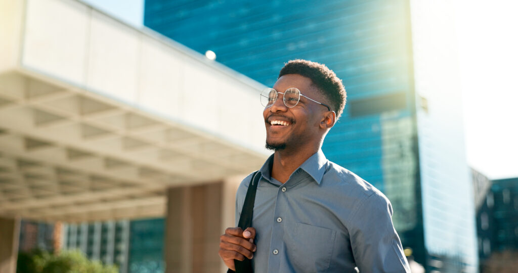 summer legal events Business, happy and walking black man on city journey, commute trip and real estate agent smile on way to office building. Happiness, career expert and African real estate agent on morning travel in Nigeria