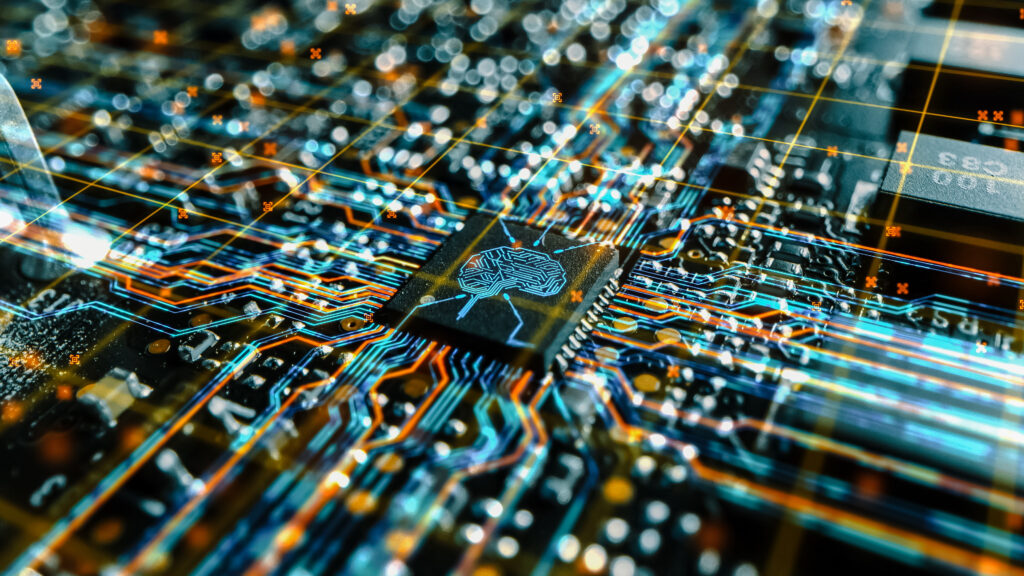 generative ai law firms Futuristic Technology Concept Visualization: Circuit Board CPU Processor Microchip Starting Artificial Intelligence Digitalization of Data. Digital Lines Connect into Artificial Intelligence Symbol.