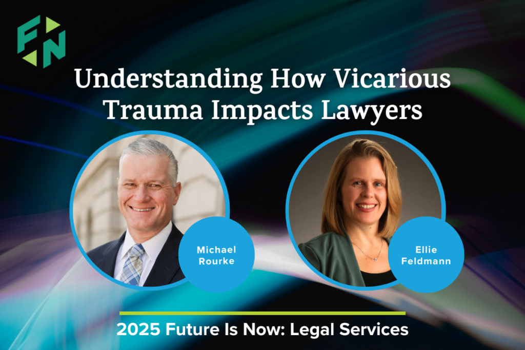Graphic of a man and a women who will present on vicarious trauma's impact on lawyers
