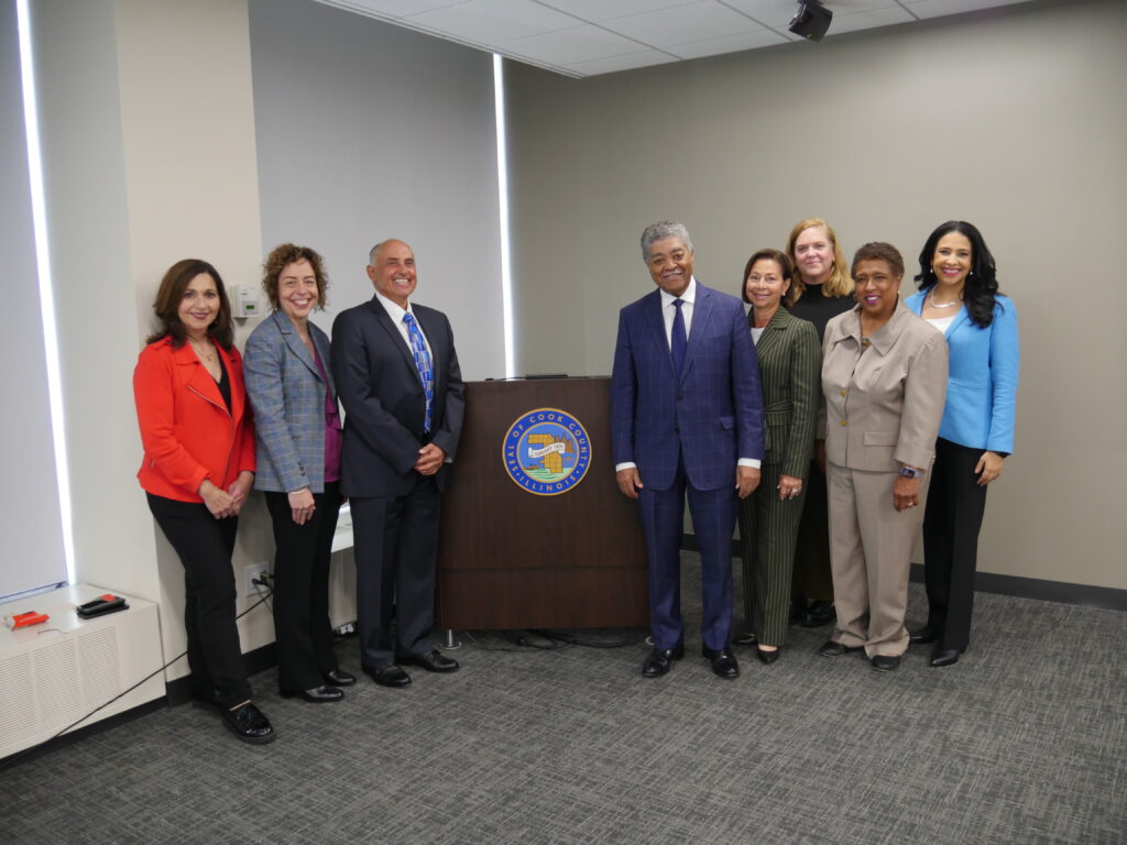 trauma informed judging, Executive Director of the Illinois Lawyers' Assistance Program Dr. Diana Uchiyama; Commission on Professionalism Deputy Director Stephanie Villinski; Judge Victor Reyes (Ret.); Cook County Circuit Court Chief Judge Timothy Evans; Judge Reginia Scannicchio, Presiding Judge of the Cook County Circuit Court Domestic Relations Division; Katherine Nolan, Director-Legal Research Division of the Office of the Chief Judge-Circuit Court of Cook County; Judge Judith Rice, Presiding Judge of the Cook County Circuit Court Domestic Violence Division; Commission on Professionalism Executive Director Erika Harold