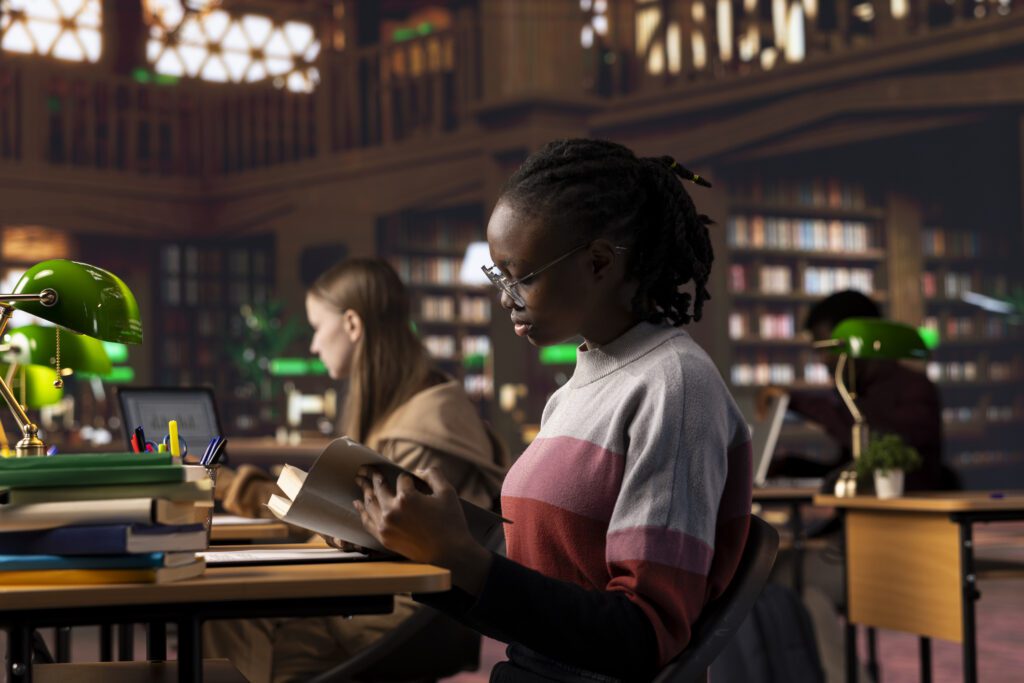 African american girl studies for a critical law exam and reading specialty books to complete her class notes with other reliable academic information. Studying in the library before the test. NextGen bar exam